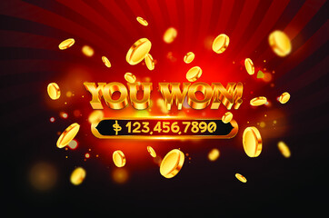 You Won with gold coin flying isolation, Casino online concept, Slot game element, casino element design, Vector