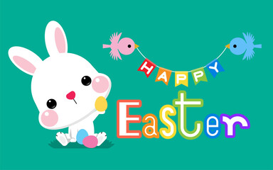 Happy Easter vector illustrations of bunnies, rabbits, Easter egg, birds and bunting for Easter card, banner, greeting cards, posters, holiday cover. 