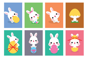 Happy Easter vector illustrations of bunnies, rabbits with Easter egg for Easter card, banner, greeting cards, posters, holiday cover. 