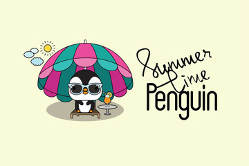 Cute little penguin resting on the beach in the sun on deck chairs under a umbrella. Vector illustration.