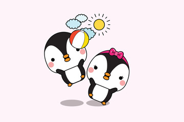 Cute little penguins couple playing football outdoors. Penguins couple having fun on summer day. Vector illustration.