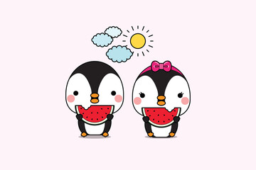 Cute penguins couple eating slice of red watermelon. Vector illustration.