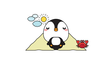 Beach vacation holiday little penguin relaxing and lying down in sand sunbathing in the summer sun on a pristine at an idyllic tropical paradise by turquoise ocean. Vector illustration.