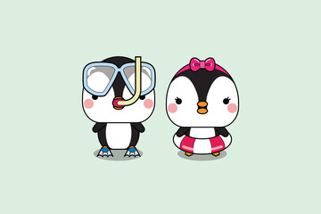Cute little penguins couple holding safety buoy and wearing diving gear. Vector illustration.