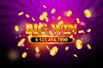 Big Win of Golden typography with Many coin flying, Casino online concept, Slot game element, casino element design, Illustration
