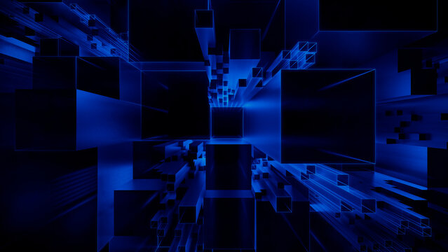 Artificial Intelligence, Quantum Computing Concept. Blue Tech Background. 3D Render.