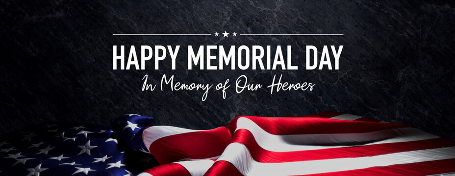 Authentic Banner for Memorial Day with United States Flag and Black Stone Background.