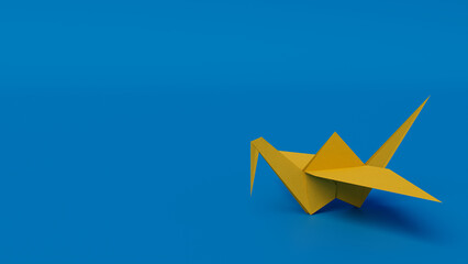 Yellow Origami Bird. Minimalist Design with Blue Background and Copy Space.
