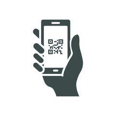 QR code scanning in smartphone screen. Hand holding Mobile phone. Simple solid icon style, barcode scanner for pay, web, mobile app. Vector illustration isolated. EPS 10.