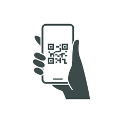 QR code scanning in smartphone screen. Hand holding Mobile phone. Simple solid icon style, barcode scanner for pay, web, mobile app. Vector illustration isolated. EPS 10.