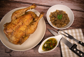 Recipe roast chicken, garlic chimichurri, stewed eggplant