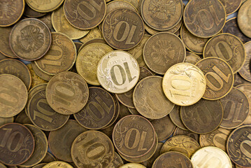 Russian coins, rubles. Background and texture of Russian money