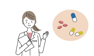 薬の説明をする女性の薬剤師