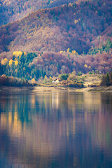 Fototapeta na wymiar Zaovine Lake landscape in autumn. Tara National Park in Serbia during fall