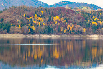 Zaovine Lake landscape in autumn. Tara National Park in Serbia during fall