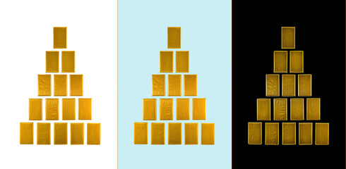 Three identical golden pyramids, isolated, on different backgrounds, light to dark.