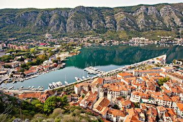 Naklejka na ściany i meble Beautiful view of Kotor bay from the Kotor Old town viewpoint, Montenegro