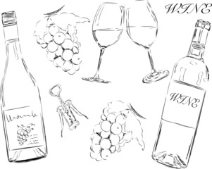 ワインと葡萄とワイナリーセット　線画