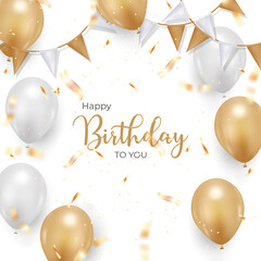 happy birthday background design for greeting card. birthday banner with realistic balloon, rainbow, confetti.