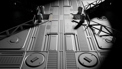 Control room laboratory interior metal grate corridor in dark scene 3D rendering sci-fi industrial wallpaper backgrounds