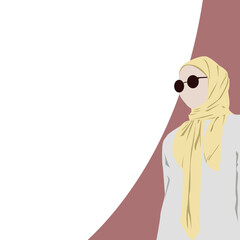 Illustration of beautiful Muslim woman wearing hijab and glasses.