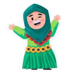 Hawaiian girl children wearing hawai hula traditional costume greetings welcoming festival with smile happy hijab veil islam