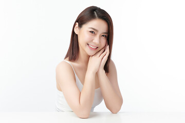 Fototapeta premium Beautiful young asian woman with clean fresh skin on white background, Face care, Facial treatment, Cosmetology, beauty and spa, Asian women portrait.