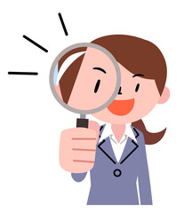 虫眼鏡をのぞきこむ若いビジネスウーマン