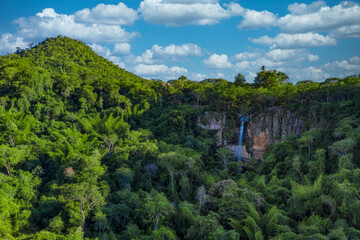 Aerial view of the Salto Suizo the highest waterfall of Paraguay near the Colonia Independencia and Vallarrica. - obrazy, fototapety, plakaty