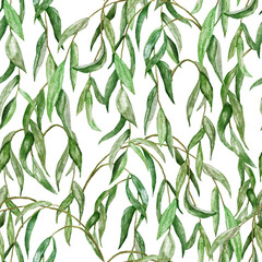 Watercolor seamless hand drawn pattern with green willow leaves branch leaf. Elegant vintage background with forest woodland design, victorian style organic print. © Marina Lahereva