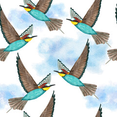 Watercolor seamless hand drawn pattern with wild kingfisher bee-eater birds in forest woodland. Wildlife natural vintage background with floral leaves greenery branches, nature bird flying design.