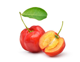 Juicy red Acerola cherry with cut in half isolated on white background.