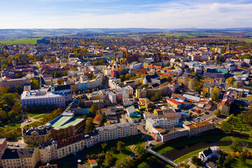 Obraz premium Aerial view of historical Silesian city of Opava on sunny autumn day, Czech Republic..