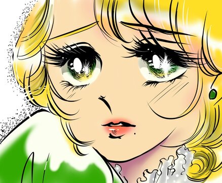 熱視線で見つめる７０年代少女漫画恋する金髪美少女のカラーイラスト