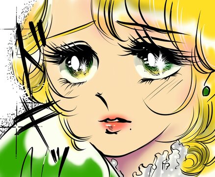 熱視線で見つめる７０年代少女漫画恋する金髪美少女のカラーイラスト