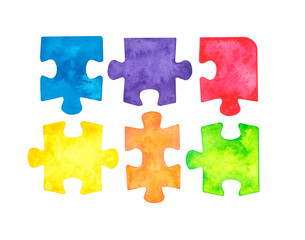 Puzzle pieces in different colors, hand-painted in watercolor, isolated on a white background for your design.