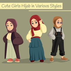 Collection of modern young Muslim women wearing trendy clothes and hijab. Set of fashionable hijab girls. Flat cartoon vector