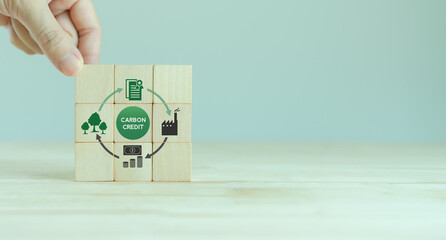 Carbon credit cycle. Tradable certificate to drive industry and company in the direction of low emissions in efficiency cost.  Wooden cubes with CO2, US dollars and carbon offsetting solution icons.