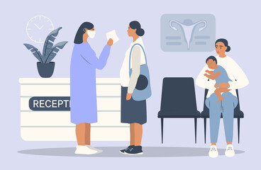 vector hand drawn illustration in flat tsyle - clinic waiting room