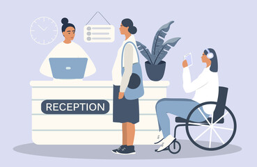 vector illustration in flat style - a girl at the reception in a medical clinic consults a pregnant woman and a woman who use a wheelchair