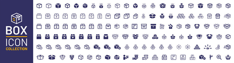 Box icon collection. Package, delivery boxes, cargo box icon. Cargo distribution symbol vector illustration. - obrazy, fototapety, plakaty