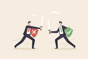 Business decisions, right or wrong, true or false, right and wrong, The choice of compete in business. A businessman wields his sword at one another to judge right or wrong. - obrazy, fototapety, plakaty