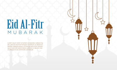 Eid Mubarak theme background template. Suitable for design element of Happy Eid greeting. Eid Al Fitr vector illustration with lantern and mosque silhouette.