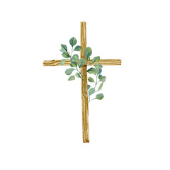 Hand painted Cross Clipart, Watercolor Christian wooden cross with florals eucalyptus bouquet, Baptism Cross, Holy Spirit, Easter Religious illustration - 496231223