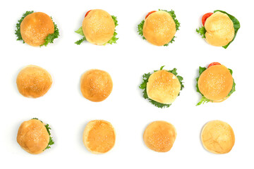 Pattern, bread, burger, hamburger, or barbecue. With vegetable and tomato salad on a white background