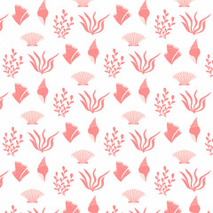 Vector seamless pattern with pink algae. Children's hand-drawn pattern with algae.