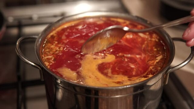 Preparation of a homemade appetizing and tasty borsch made of beetroot.