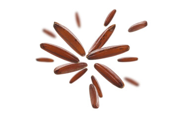 Raw brown rice levitates on a white background