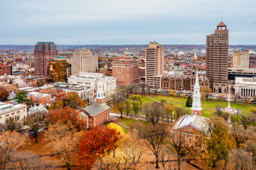 Aerial Downtown New Haven during the fall - obrazy, fototapety, plakaty