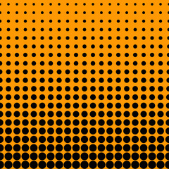 Abstract seamless geometric circle pattern. Mosaic background of black circles. Evenly spaced shapes of different sizes. Vector illustration on orange background